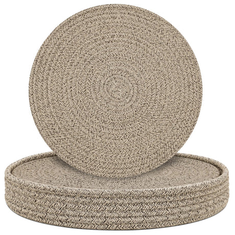 Round Placemats Set of 6 with Holder, Cotton Rope Woven Place Mats, Hot Pads for Kitchen, Heat Resistant Table Mats, 13 Inch Farmhouse Washable Braided Placemat for Kitchen Decor (Brown) Jukercici