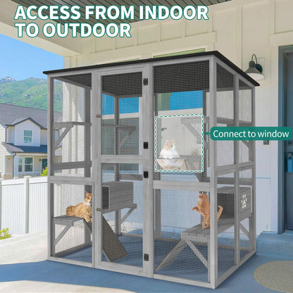 YITAHOME Catio Outdoor Cat Enclosure Large, Tall Wooden Cat House with Weatherproof Asphalt Roof, Cat Cage Playpen with Multiple Platforms & 2 Resting Boxes, 70.9" L x 38.2" W x 70.9" H