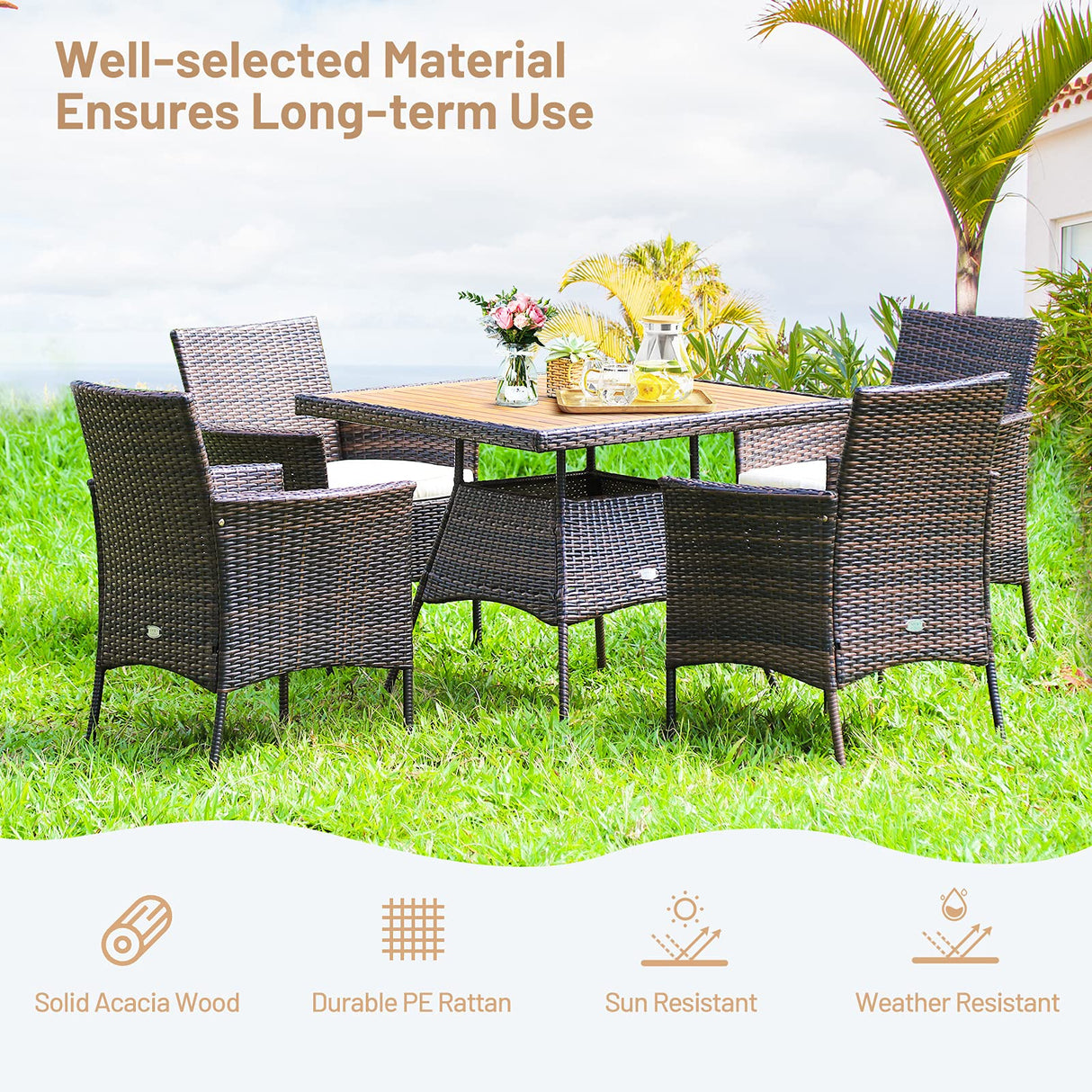 Tangkula 5 Pieces Wicker Patio Dining Set, Outdoor Acacia Wood Dining Furniture with 4 Armrest Chairs & 1 Dining Table, Rattan Conversation Set with Cushions & Umbrella Hole for Backyard Garden Porch Tangkula