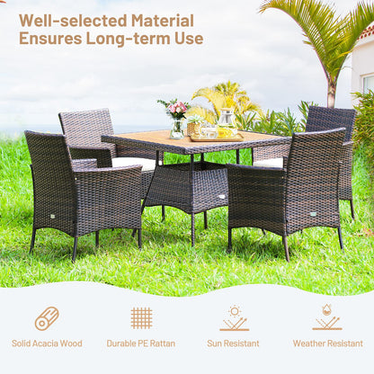 Tangkula 5 Pieces Wicker Patio Dining Set, Outdoor Acacia Wood Dining Furniture with 4 Armrest Chairs & 1 Dining Table, Rattan Conversation Set with Cushions & Umbrella Hole for Backyard Garden Porch