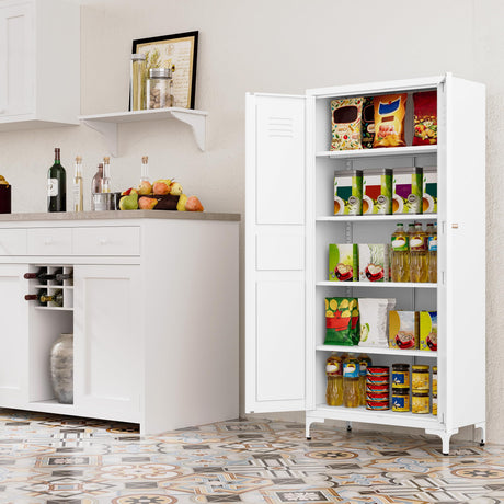 Metal Storage Cabinet with Doors and Shelves,White Storage Cabinet,Food Pantry Storage Cabinet,5 Tier Metal Pantry Cabinet,Tall Large Closet Cupboard for Home,Kitchen,Dining/Living/Laundry Room SISESOL