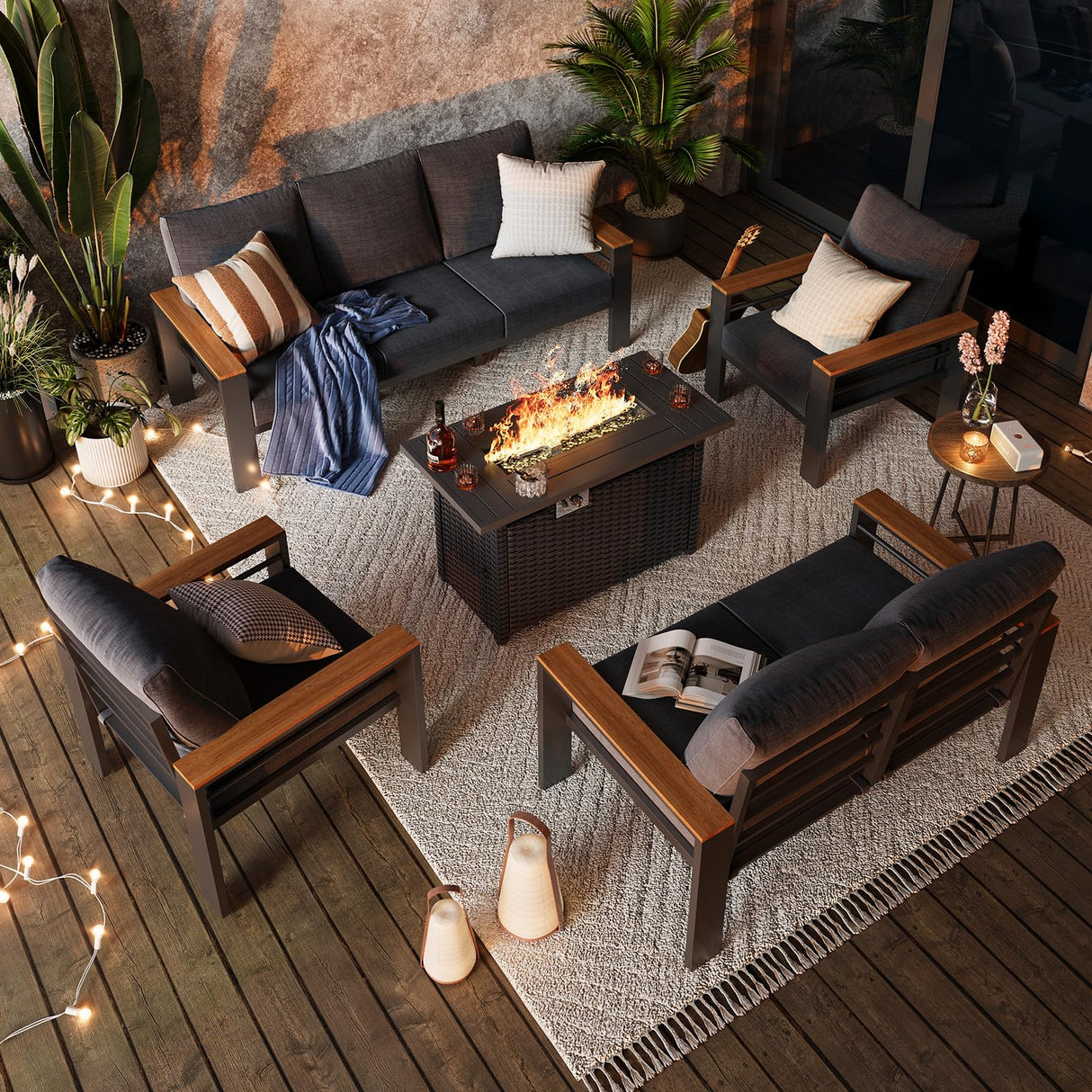 Aoxun Aluminum Outdoor Patio Furniture Set, 8-piece Outdoor Sectional with 44'' Propane Gas Firepit Table, Patio Conversation Sets with Upgraded Armrests and Cushions for Backyard, Garden and Poolside Aoxun