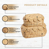 LUSYDECO Set of 2 Hand Round Wicker Storage Baskets with Lid, Rattan Basket Decorative Boxes, Woven Storage Box Hyacinth Basket with Lids, Scalloped Edge Wicker Basket with Lid LUSYDECO