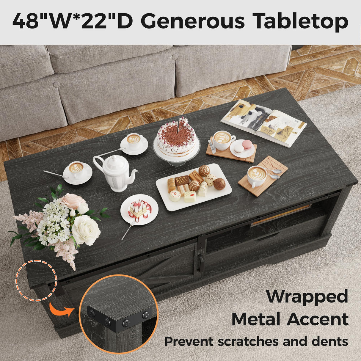 RoyalCraft Farmhouse Coffee Table with Storage and Sliding Barn Door, 48'' Rustic Living Room Table with Open Shelves, Rectangular Center Table for Living Meeting Room, Drak Grey RoyalCraft