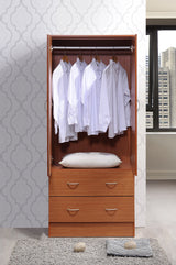 HODEDAH 2 Door Wood Wardrobe Bedroom Closet with Clothing Rod inside Cabinet and 2 Drawers for Storage, Cherry Hodedah