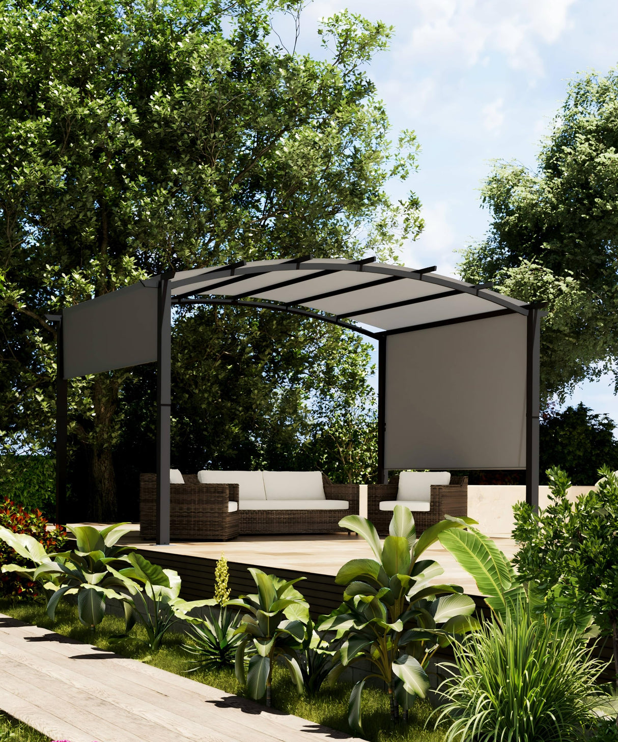 GarveeLife 12 x 9 Ft Outdoor Arched Pergola, Metal Pergola with Retractable Canopy, Arched Style Gazebos for Backyards, Lawn, Patios (Gray) GarveeLife