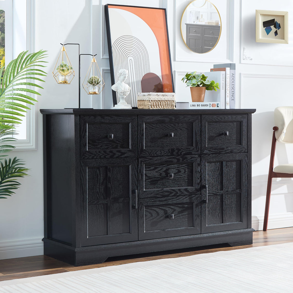 KHLJJU Farmhouse 5+2 Black Dresser for Bedroom, Chest of Drawers for Bedroom with 5 wooden Drawers and 2 Cross Doors, Wood Dressers Storage TV Stand for Bedroom, Living Room KHLJJU