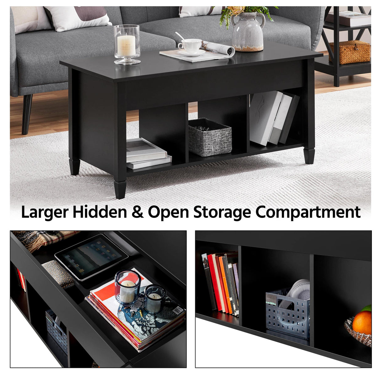 Yaheetech Coffee Table, Lift Top Coffee Table w/Hidden Storage Compartment & Lower 3 Cube Open Shelves, Lift Tabletop Coffee Table for Living Room/Reception Room/Office, Black Yaheetech
