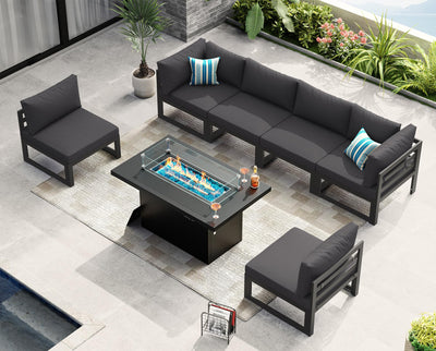 NICESOUL 7 Piece Modern Aluminum Outdoor Furniture Set with Fire Pit Propane/Gas, 29 inch Deep Wide Seat, All Weather Patio Conversation Set, L Shaped Modular Sectional Sofa for Backyard, Dark Gray