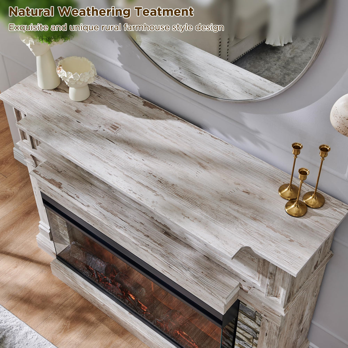 RedLemon 3-Sided Glass Fireplace TV Stand for TVs up to 65'', 52'' Electric Fireplace with Mantel, 36'' Tall Highboy Farmhouse Entertainment Center with Storage for Living Room, Antique Brush White RedLemon