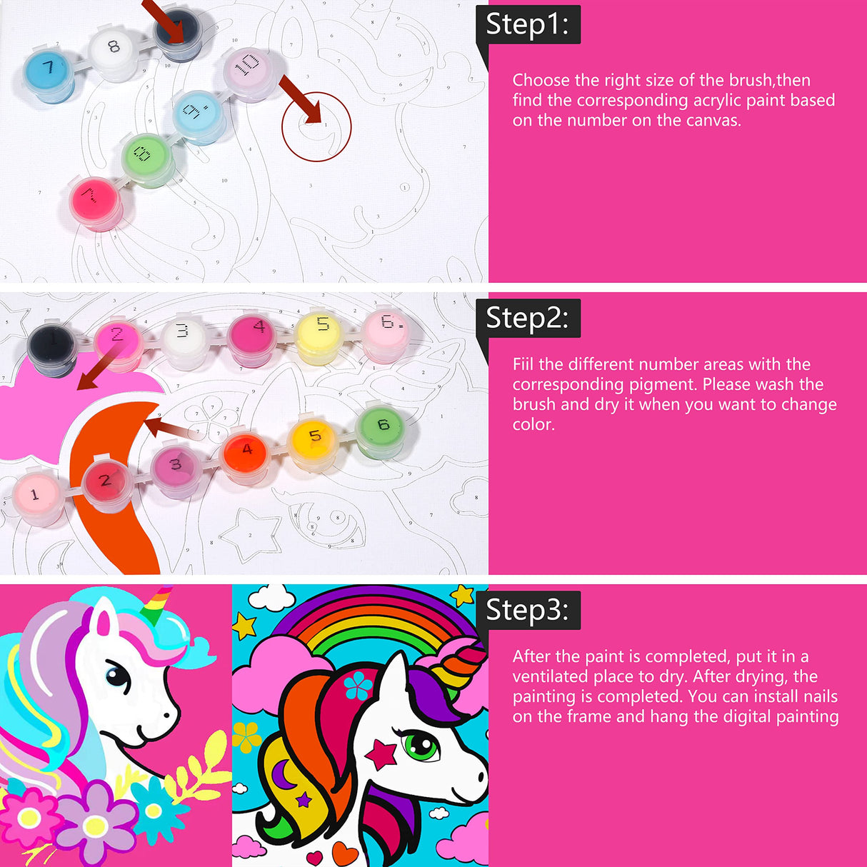 AUGVO Paint by Numbers for Kids, 2 Pcs Paint by Numbers for Kids Ages 4-8 Beginner, for Unicorn DIY Oil Painting Framed Canvas, 8 x 8” Pre Drawn Canvas, Christmas Gift for Kids AUGVO