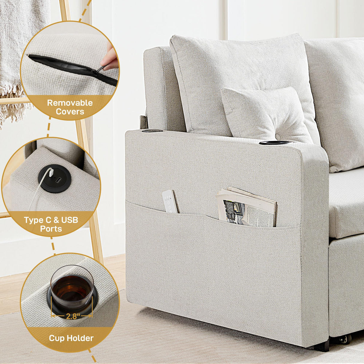 Busaurus 3 in 1 Convertible Sofa Bed, 56" Full Size Loveseat Sleeper Sofa Couch Bed, Sleeper Sofa Bed with Storage Pocket, USB, Comfy Pull Out Sofa Bed for Living Room, Bedroom, Small Space, Beige Busaurus