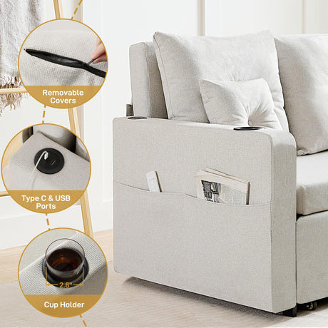 Busaurus 3 in 1 Convertible Sofa Bed, 56" Full Size Loveseat Sleeper Sofa Couch Bed, Sleeper Sofa Bed with Storage Pocket, USB, Comfy Pull Out Sofa Bed for Living Room, Bedroom, Small Space, Beige Busaurus