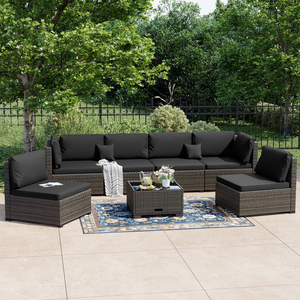 LHBcraft 7 Piece Patio Furniture Set, Outdoor Furniture Patio Sectional Sofa, All Weather PE Rattan Outdoor Sectional with Cushion and Glass Table, Clips LHBcraft