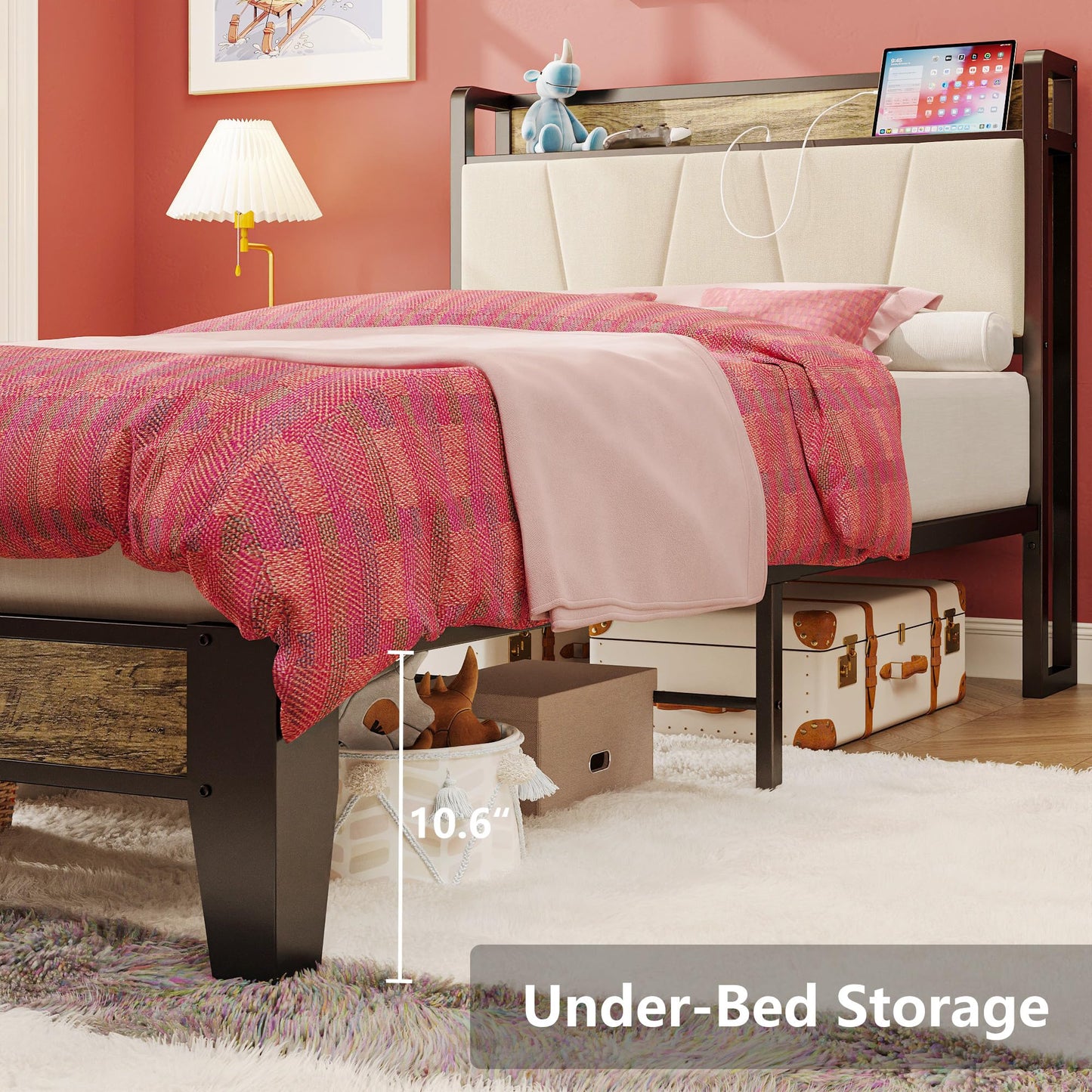 LIKIMIO Twin XL Bed Frame with Storage Headboard and Charging Station - Stylish Walnut and Beige Design - WoodArtSupply