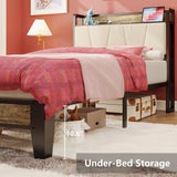 LIKIMIO Twin XL Bed Frame with Storage Headboard and Charging Station - Stylish Walnut and Beige Design LIKIMIO