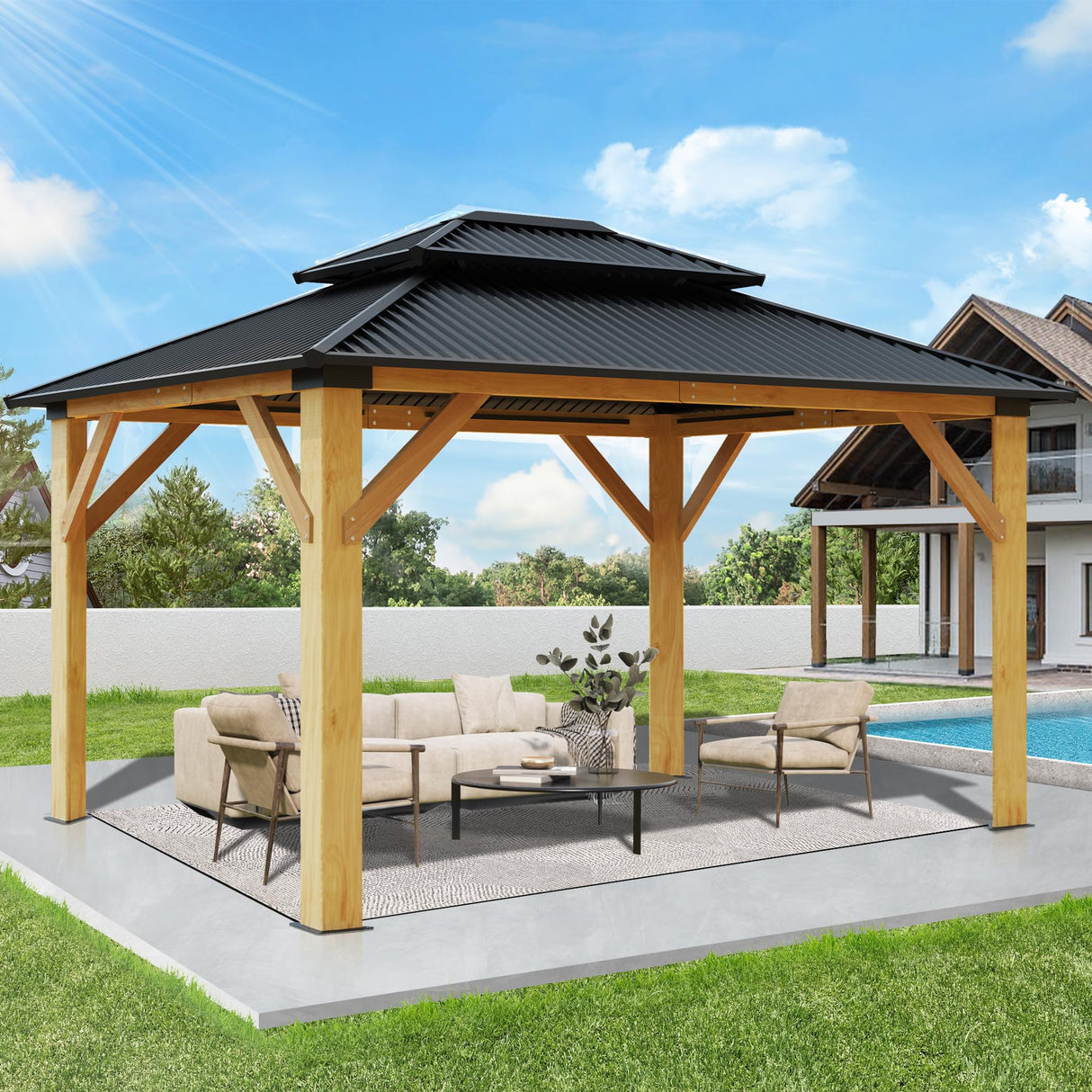 GARTOO 11’x13’ Outdoor Wooden Gazebo - Patio Galvanized Steel Gazebo with Double Vented Roof, Heavy-Duty Cedar Wooden Gazebo for Garden, Lawn, Poolside, Backyard Deck GARTOO