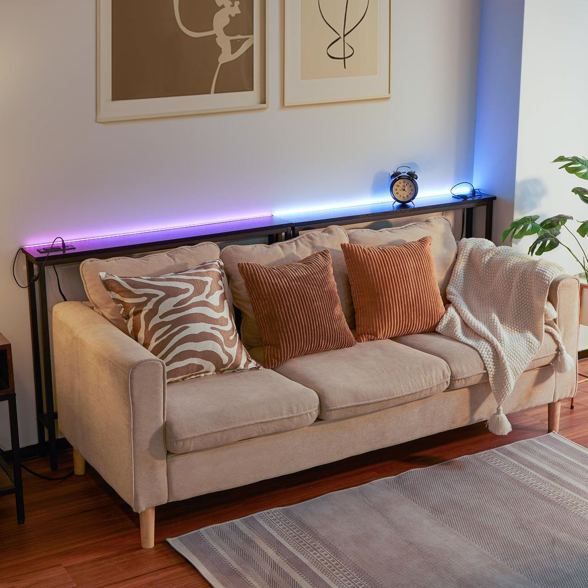 ELYKEN 2 Pack 5.9" Narrow Console Sofa Table with 7 Colors LED Light Strip, 5.9" Dx39.4”Wx31.1”H Long Behind Couch Table with Charge Station, Skinny Table Metal Frame 6.5’ Extension Cord ELYKEN
