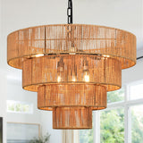 AyshwillDec 6-Light 24" Woven Boho Chandelier for Bedroom Rattan Light Fixture Wicker Pendant Light Large Rattan Pendant Light with 4-Tier Woven Shade Drum Light Fixture for Living Room Entryway AyshwillDec