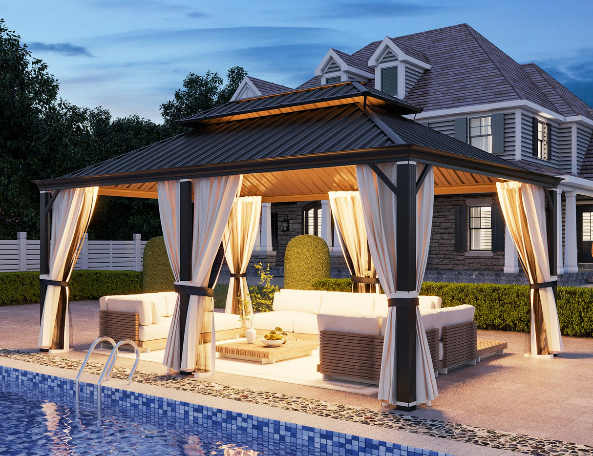 YOLENY 12' x 18' Gazebo, Galvanized Steel Double Roof Hardtop Gazebo with Aluminum Frame, Permanent Outdoor Metal Pavilion with Curtain and Netting for Patio, Lawn and Garden YOLENY