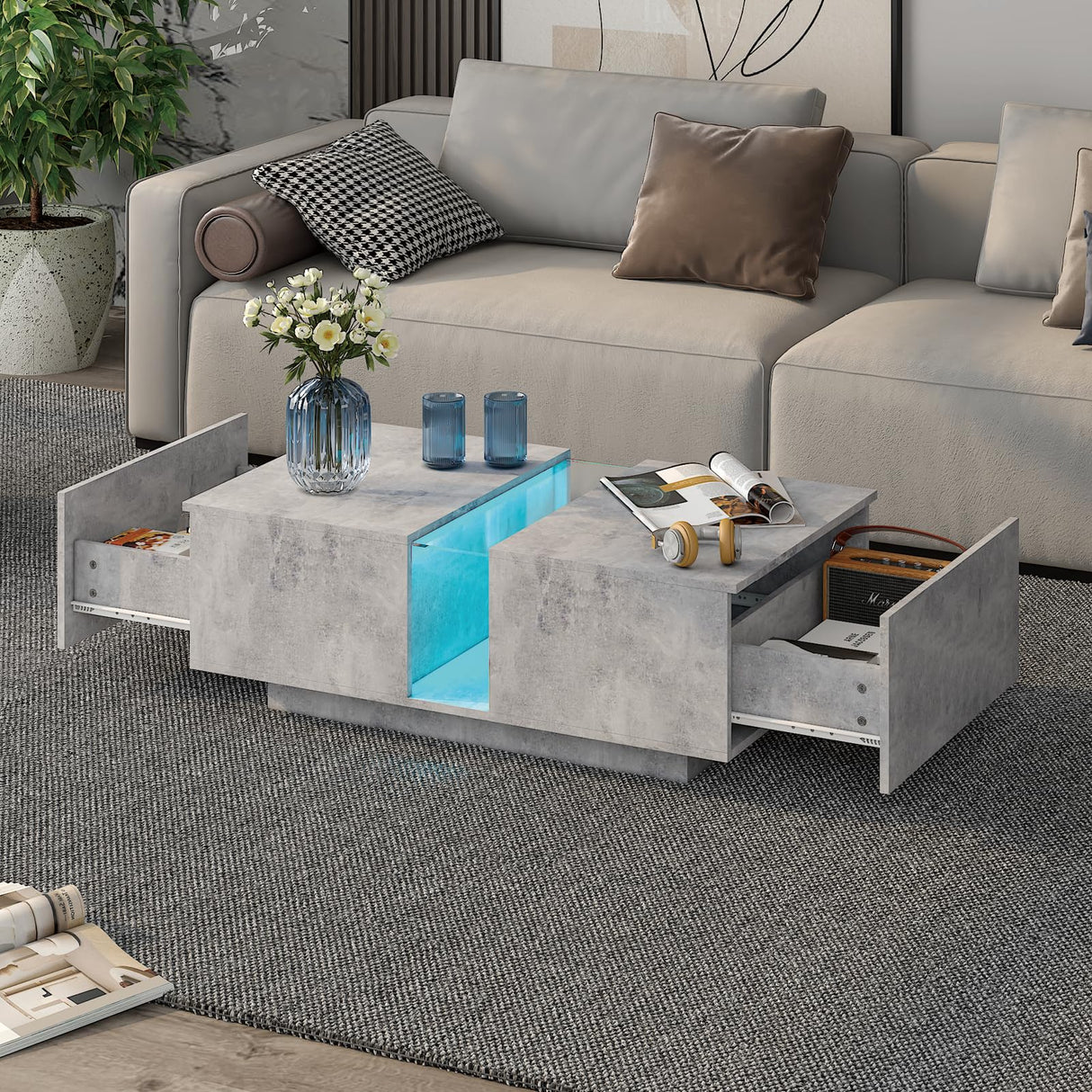 HedoAjim Grey Led Coffee Table for Living Room, Rectangular Living Room Table with Storage, Acrylic Coffee Tables with 2 Sliding Drawers, Wood Center Table for Reception Dinning Room HedoAjim