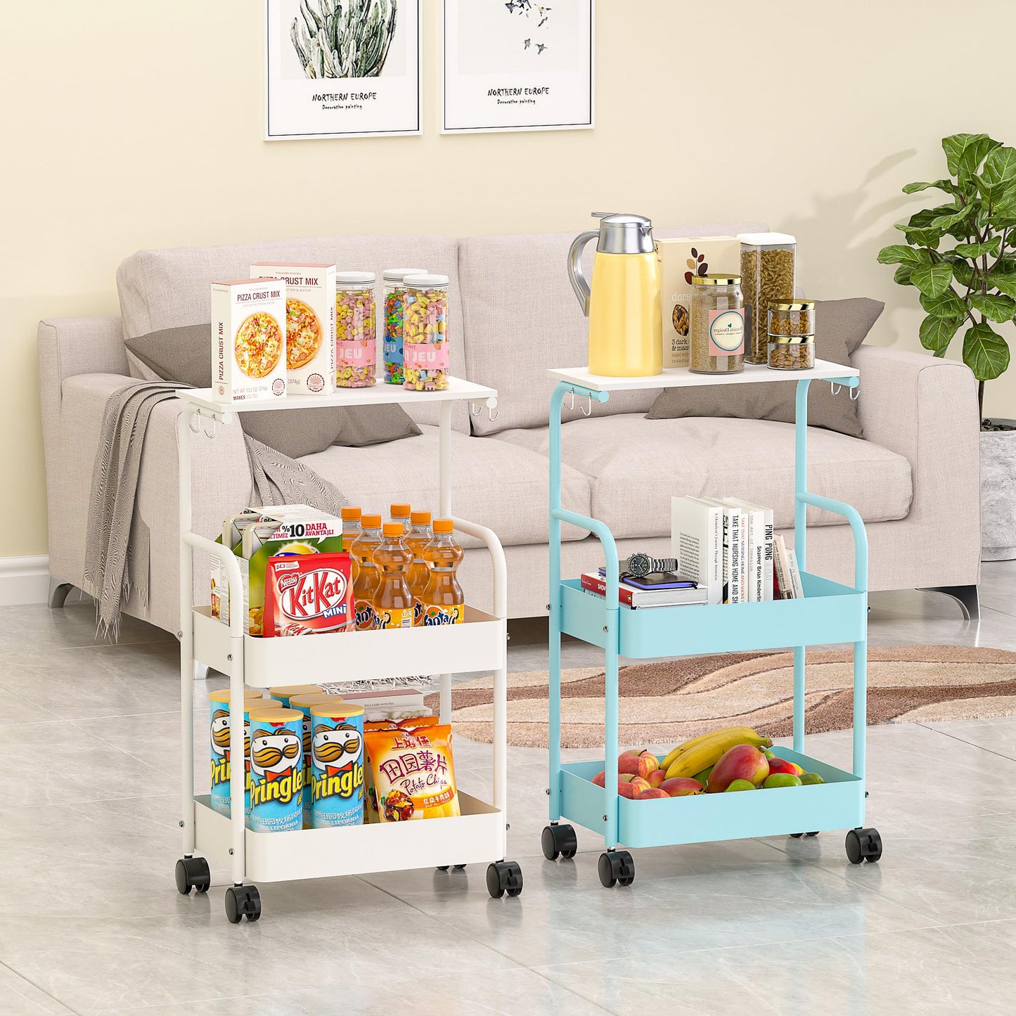 VECELO 3-Tier Steel Utility Rolling Cart, with Breathable Mesh Baskets, 360°Lockable Wheels, 4 Hooks, Top Board,for Kitchen/Bathroom/Under Table Storage, Instagram Blue - WoodArtSupply