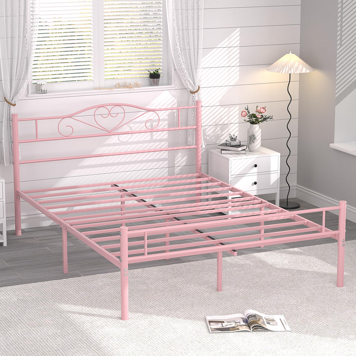 VECELO 14 Inch Full Size Metal Platform Bed Frame with Headboard and Footboard, Heavy Duty Mattress Foundation with Steel Slats Support, No Box Spring Needed, Pink VECELO