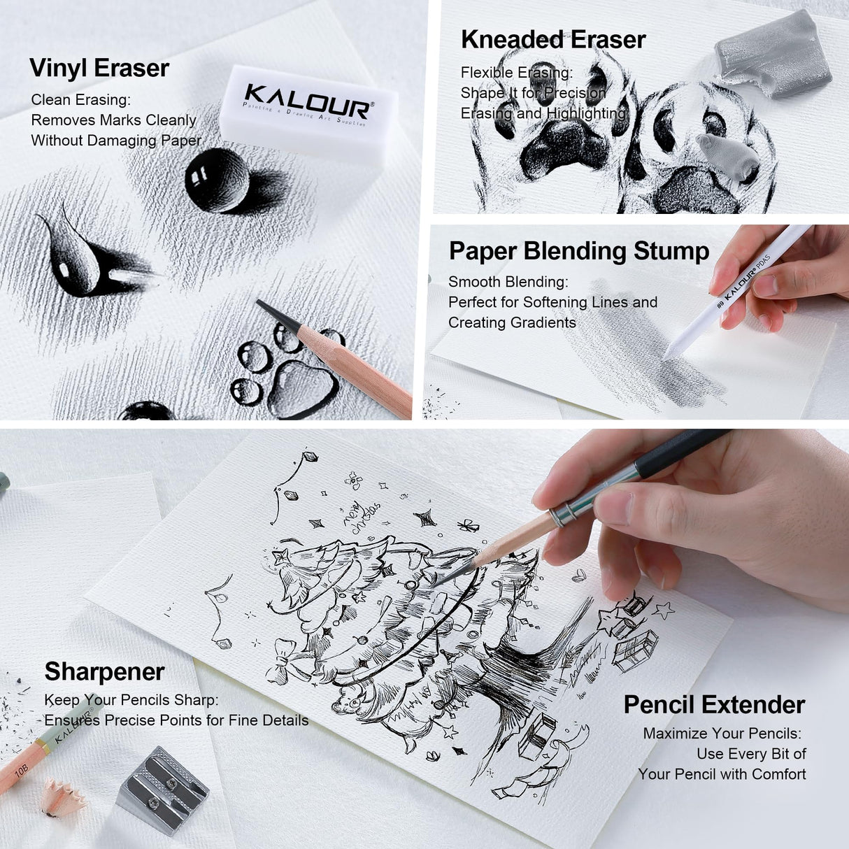 KALOUR 25-Piece Professional Sketch Pencil Set with Matte and Regular Pencils - Includes Vinyl Eraser, Kneaded Eraser, Sharpener, Pencil Extender and Blending Stump - Ideal for Artists and Beginners KALOUR