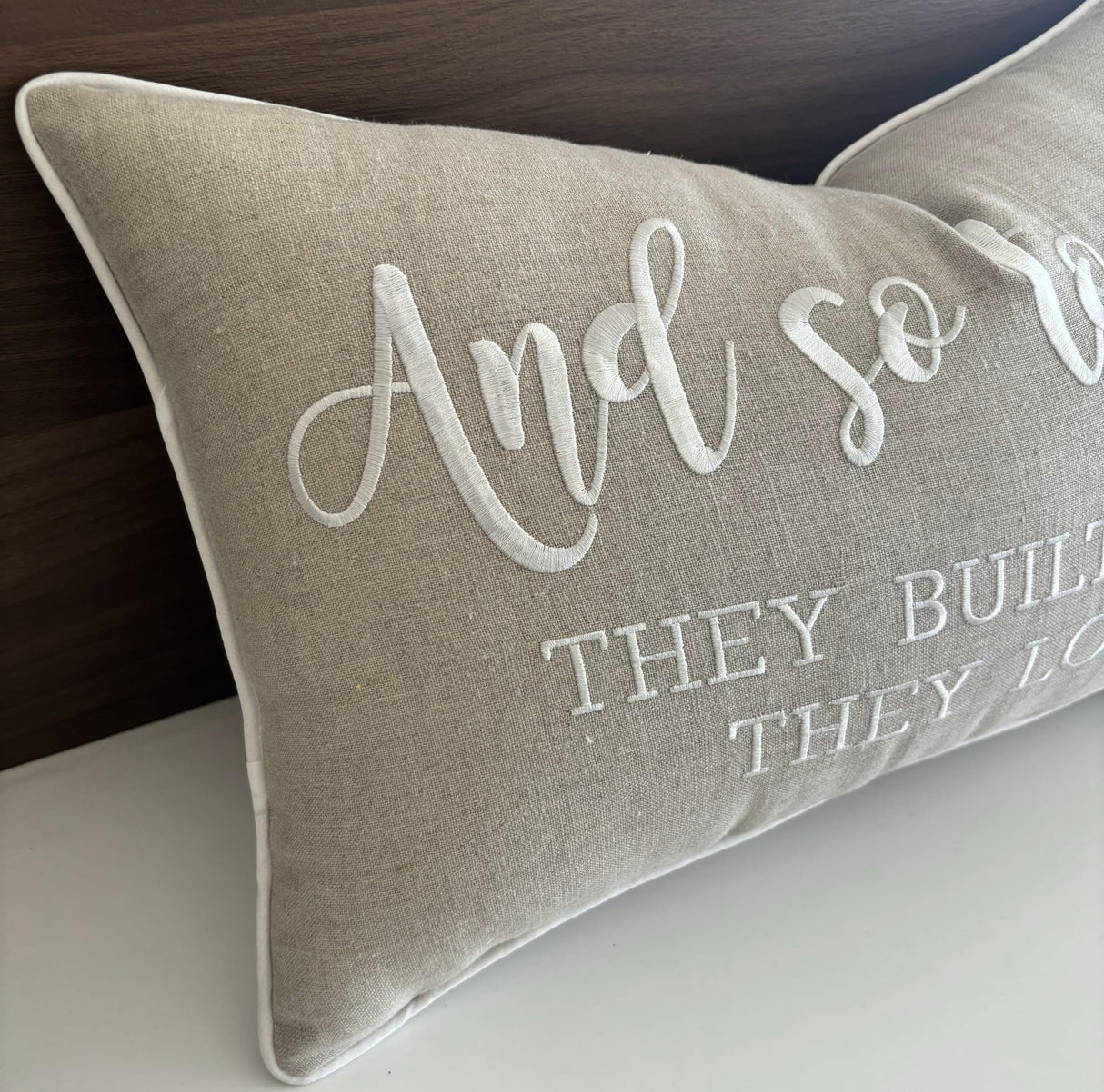 YugTex Romantic Couple Love Sentiment Embroidered Decorative Sayings Lumbar Accent Throw Pillowcase - and So Together Phrase Decor for Wedding, Anniversary, Valentine - 12x20 Inches, Natural-Ivory YugTex