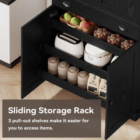 IRONCK Kitchen Pantry Cabinet 72" Height, Freestanding Cupboard with Drawer, Sliding Storage Rack, and 6 Hanging Shelves for Dining Room, Laundry, Living Room, Black IRONCK