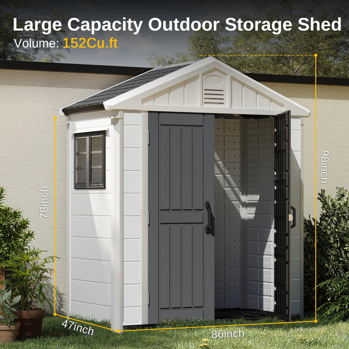 EAST OAK Outdoor Storage Shed, 7×4×8.2 FT Waterproof Resin Tool Shed with Window, 152Cu.ft Outside House Shed for Garden, Patio, Lawn Mower, Bikes EAST OAK