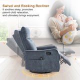 Manual Swivel Rocker Recliner Chair for Adults, Overstuffed Recliner Glider with Massage and Heat, Living Room Reclining Chair, Fabric Blue Luxlen