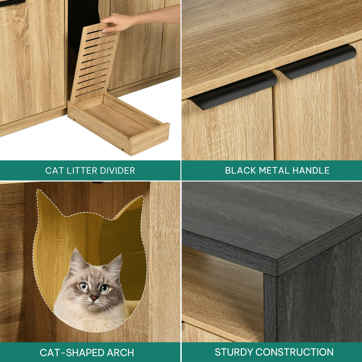 YITAHOME Double Hidden Cat Litter Box Enclosure with Power Outlet & LED Light, 60 Inch Dual Kitty Litter Box TV Stand Furniture for 2 Cats, Wooden Cat Cabinet for Indoor Cats, Grey Oak YITAHOME