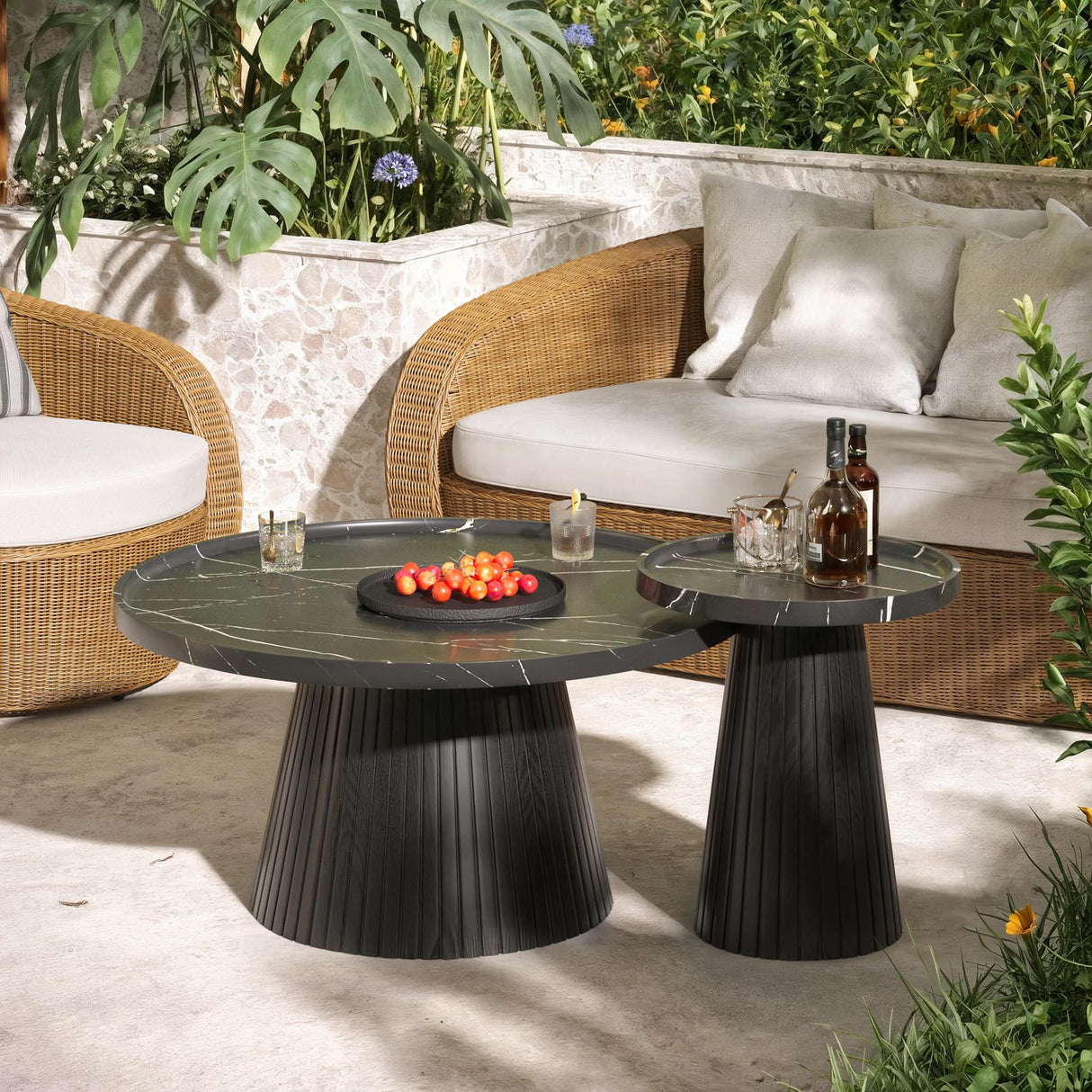 win2win Nesting Coffee Table Set of 2, Mid Century Modern Coffee Table with Marble Veneer, Fluted Round Tea Table and End Table Set, Minimalist Center Tables for Living Room, Office, Black win2win