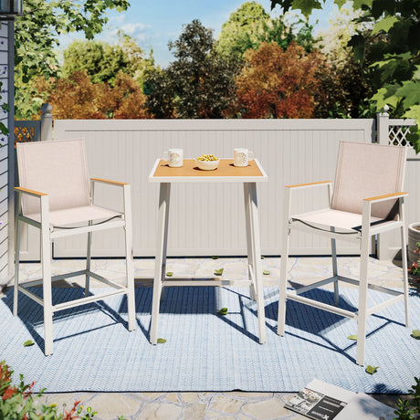LAUSAINT HOME 3-Piece Patio Bar Set, All Weather Textilene Bar Height Table and Chairs Set with Wood Like-Top Table, Metal Counter Height Bar Stools and Table Set for Garden, Deck, Balcony LAUSAINT HOME