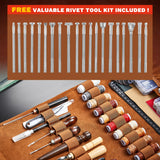 SAKERNEO Professional Leather Working Tools Kit with 52 Stamping Molds, Multi-Size Hole Punch Tool, Engraving/Cutting Mats & Rivet Accessories,Leather Crafting Kit for DIY, Repair & Stitching SAKERNEO