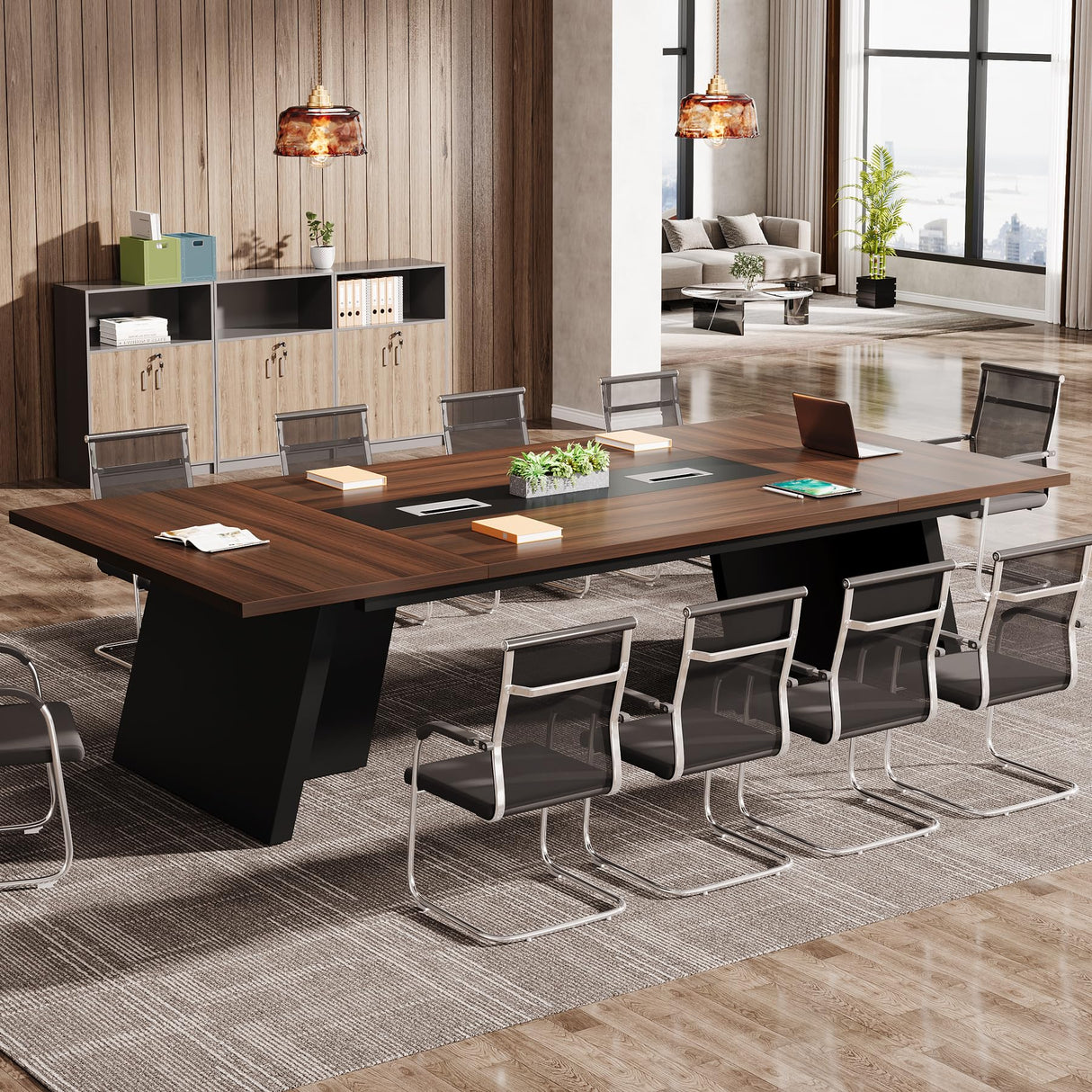 Tribesigns 8ft Conference Table, Modern Office Meeting Room Table with Cable Management, Large Business Seminar Furniture for Boardroom, Walnut and Black Tribesigns