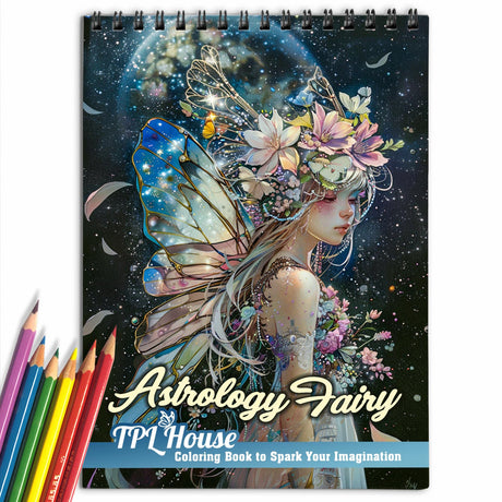TPLHOUSE Astrology Fairy Coloring Book Spiral Bound for Adults and Teen Girls, Premium Cover, 30 Astrological Coloring Pages of Cosmic Fairies for Stress Relief and Relaxation TPLHOUSE