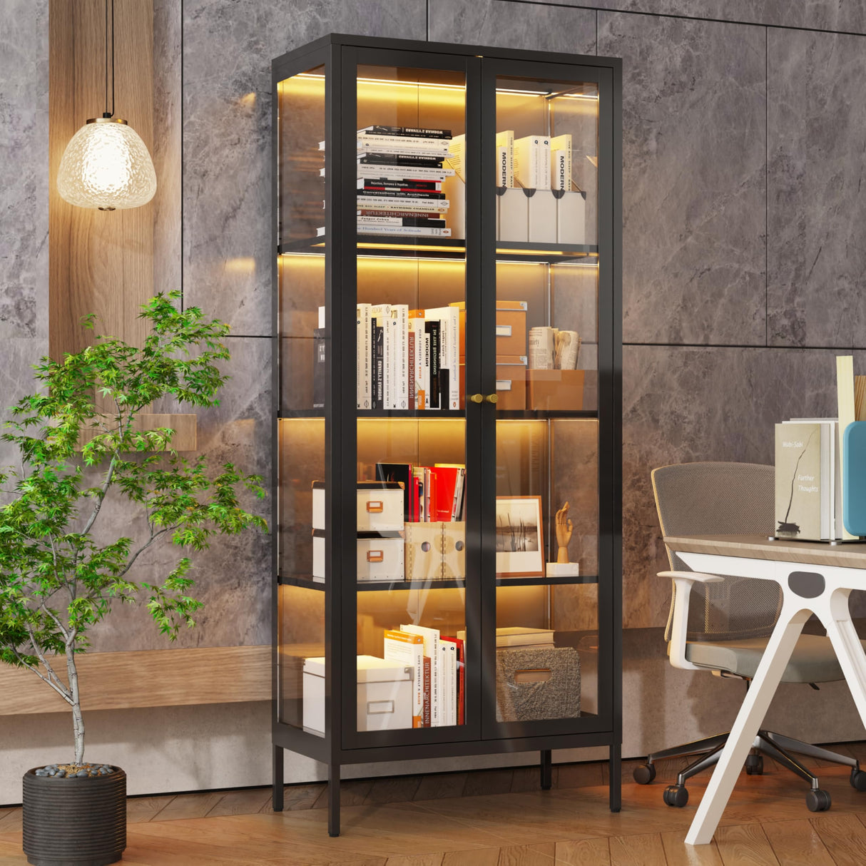 UNICOLY Glass Display Cabinet with Lock, Metal Curio Cabinets with 3 Color Lights, Display Case with Glass Doors, for Collectibles, Collectibles Toy Organizers Rack & Display Shelf, Black UNICOLY