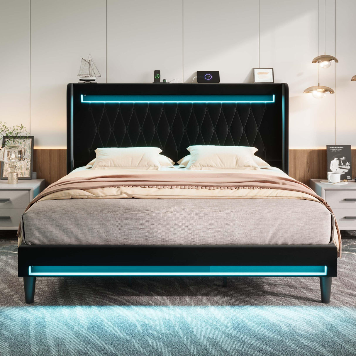 Allewie Upholstered King Size Platform Bed Frame with LED Light and Charging Station, Button Tufted High Headboard, Wingback Design, Noise Free, Easy Assembly, No Box Spring Needed, Black Allewie