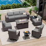 ASJMR 10 Pieces Patio Furniture Set with 2 Swivel Chairs Patio Furniture Outdoor Sectional Sofas with 55000 Gas Fire Pit Patio Conversation Set w/7 Cushions-Gary ASJMR