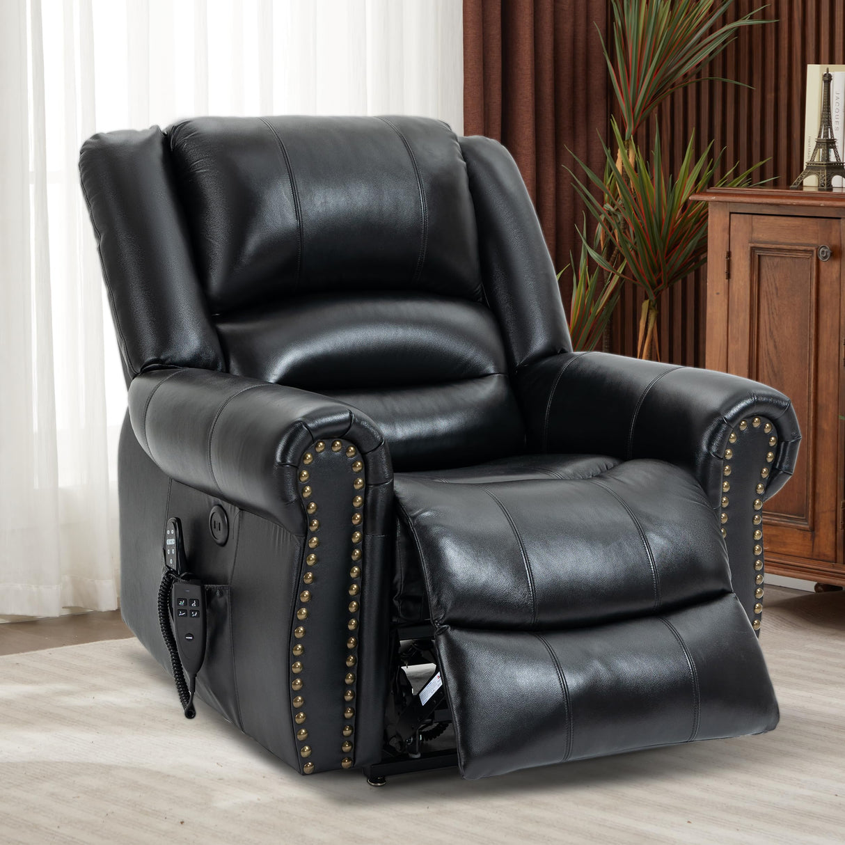 Dual Motor Power Lift Chair, Lay Flat Recliner Chair, Electric Recliner with Massage and Heat for Elderly, Remote Control, Infinite Position, Standing Assistance, USB Ports (Black, Genuine Leather) Trustyue