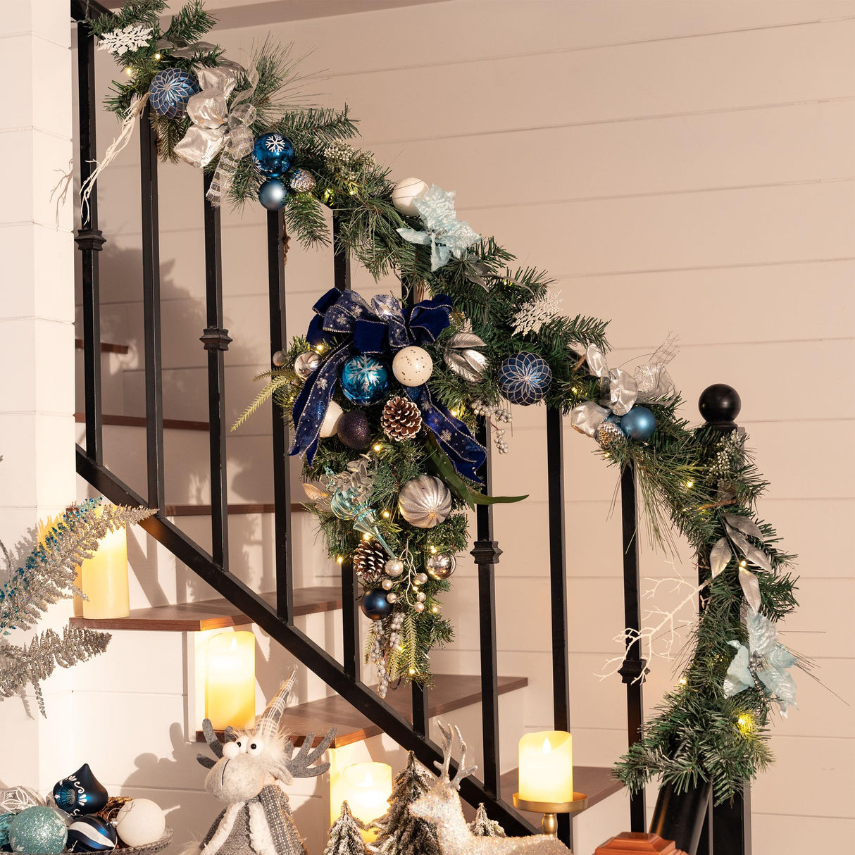 Valery Madelyn Pre-Lit Christmas Garland with Lights for Mantle, 6 feet Lighted Battery Operated Xmas Garland with Silver Light Blue Balls for Front Door Fireplace Table Centerpiece Outdoor Decor Valery Madelyn