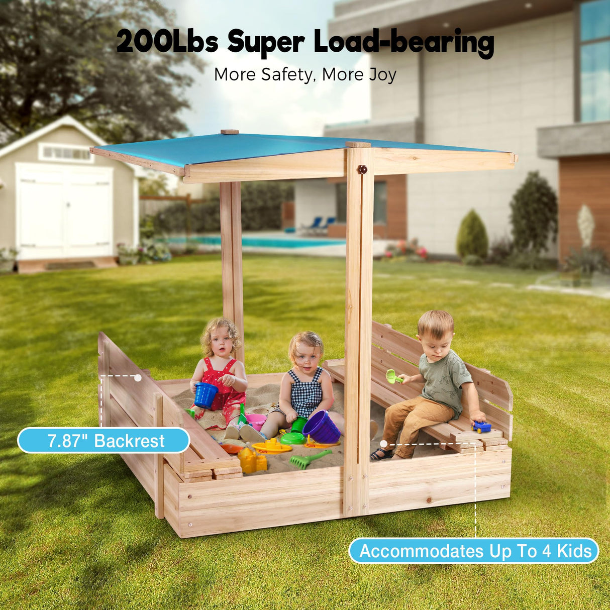 FUNTOK Kids Sandbox with Lid and Cover, Wooden Sandbox with Canopy UV-Resistant and Height Adjustable Roof, Sand Box with 2 Bench Seats for Backyard Outdoor Play(45.2x45.2in) FUNTOK