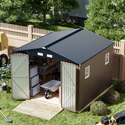 Breezz Outdoor Storage Shed 10 x 10ft. Utility Tool Shed Metal Storage Garden Shed with Lockable Doors & Windows for Patio Storage,Brown