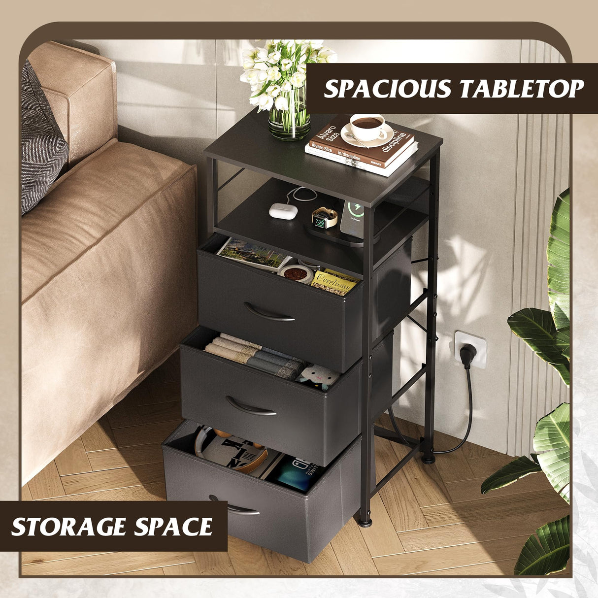 WLIVE LED Nightstand with Charging Station, Black Night Stand with 3 Fabric Drawers and Storage Shelf, Small Dresser for Small Space, 31.9" H Bedside Table with USB Ports and Outlets for Bedroom WLIVE