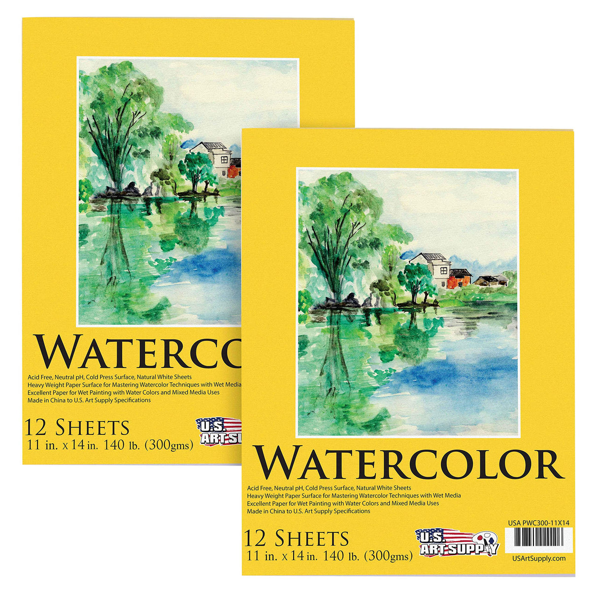 U.S. Art Supply 11" x 14" Premium Heavyweight Watercolor Painting Paper Pad, Pack of 2, 12 Sheets Each, 140 Pound (300gsm) - Cold Pressed, Acid-Free, Wet, Dry & Mixed Media - Artists, Students, Adults U.S. Art Supply