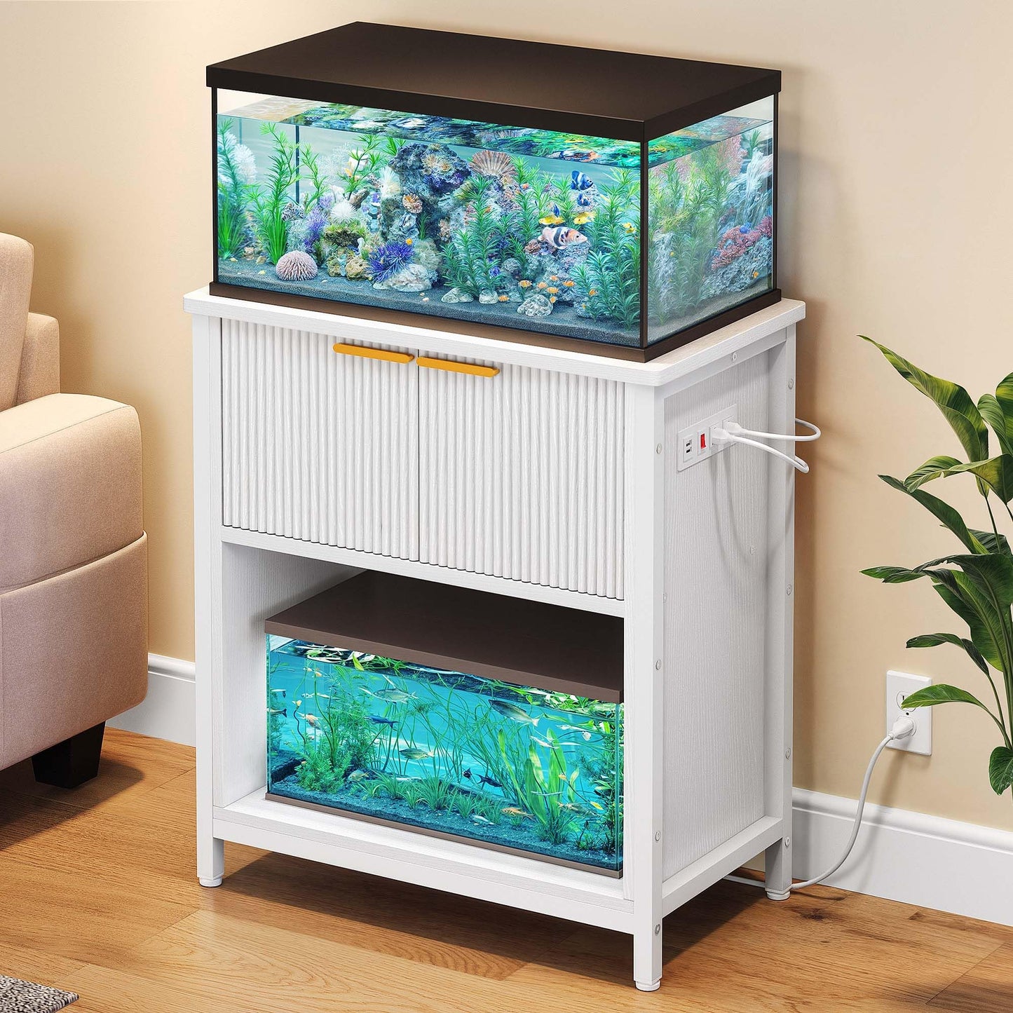 DWVO 20-29 Gallon Aquarium Stand with Power Outlets, Cabinet for Fish Tank Accessories Storage - Metal Frame Fish Tank Stand Suitable for Turtle Tank, Reptile Terrarium, 350LBS Capacity, White