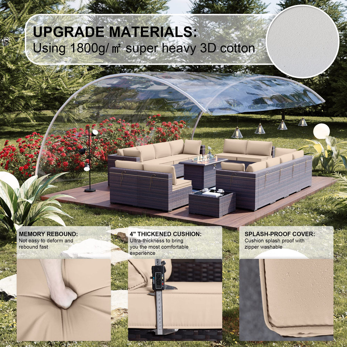 Kullavik 15 Pieces Outdoor Patio Furniture Set with 43" 55000BTU Gas Propane Fire Pit Table PE Wicker Rattan Sectional Sofa Patio Conversation Sets,Khaki Kullavik