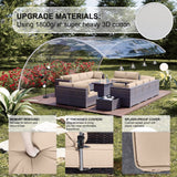 Kullavik 15 Pieces Outdoor Patio Furniture Set with 43" 55000BTU Gas Propane Fire Pit Table PE Wicker Rattan Sectional Sofa Patio Conversation Sets,Khaki Kullavik